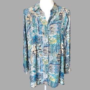 Jane and Delancey Small Aqua Blue Printed Long Sleeve Button Up Tunic Collar Top
